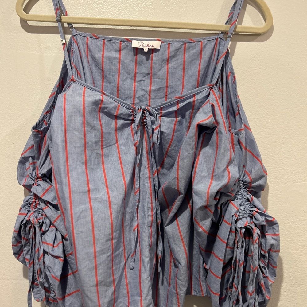 Parker Gray and Red Ruched Tie Front Sleeveless Tank Top